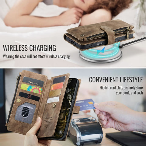 iPhone 17 Air Cover - Brown -  CaseMe Premium Vintage Leather Folio Zipper Wallet Case with Magnetic Closure and 7 Card Slots