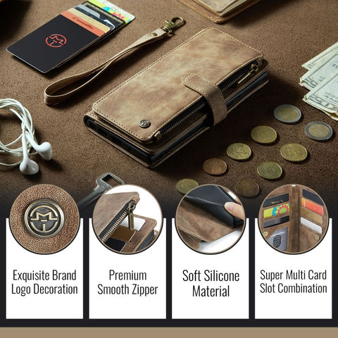 iPhone 17 Air Cover - Brown -  CaseMe Premium Vintage Leather Folio Zipper Wallet Case with Magnetic Closure and 7 Card Slots