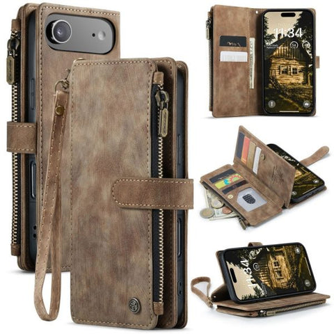 iPhone 17 Air Cover - Brown -  CaseMe Premium Vintage Leather Folio Zipper Wallet Case with Magnetic Closure and 7 Card Slots