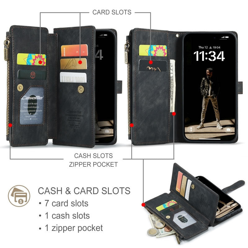 iPhone 17 Cover - Black -  CaseMe Premium Vintage Leather Folio Zipper Wallet Case with Magnetic Closure and 7 Card Slots