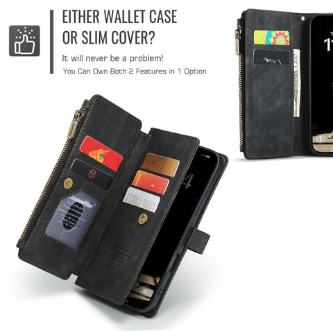 iPhone 17 Cover - Black -  CaseMe Premium Vintage Leather Folio Zipper Wallet Case with Magnetic Closure and 7 Card Slots