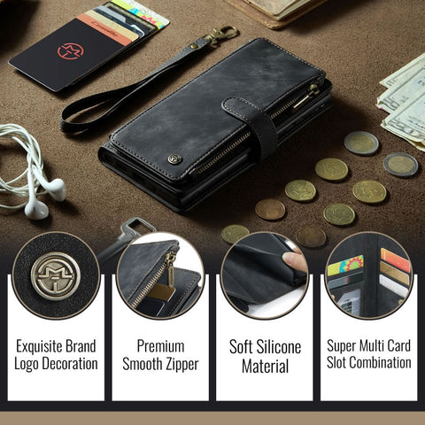 iPhone 17 Cover - Black -  CaseMe Premium Vintage Leather Folio Zipper Wallet Case with Magnetic Closure and 7 Card Slots