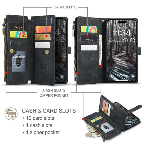 iPhone 17 Pro Cover - Black -  CaseMe Premium Vintage Leather Folio Zipper Wallet Case with Magnetic Closure and 7 Card Slots