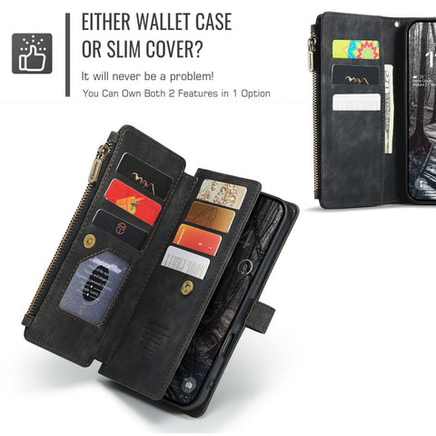 iPhone 17 Pro Max Cover - Black -  CaseMe Premium Vintage Leather Folio Zipper Wallet Case with Magnetic Closure and 7 Card Slots
