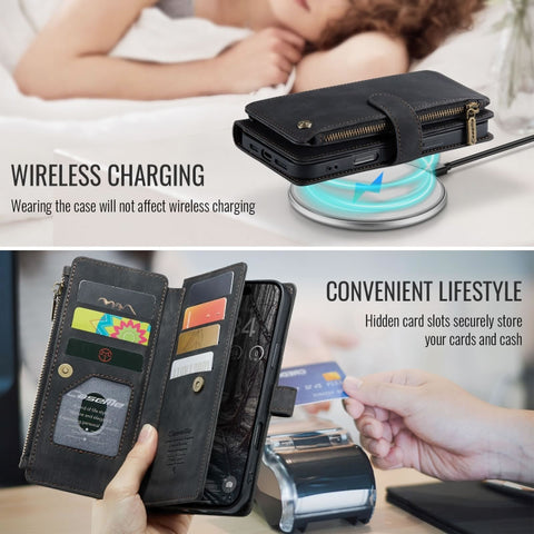 iPhone 17 Pro Cover - Black -  CaseMe Premium Vintage Leather Folio Zipper Wallet Case with Magnetic Closure and 7 Card Slots