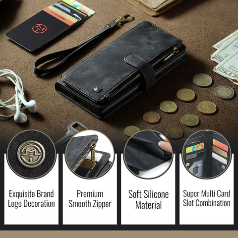 iPhone 17 Pro Max Cover - Black -  CaseMe Premium Vintage Leather Folio Zipper Wallet Case with Magnetic Closure and 7 Card Slots