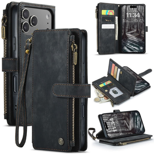 iPhone 17 Pro Max Cover - Black -  CaseMe Premium Vintage Leather Folio Zipper Wallet Case with Magnetic Closure and 7 Card Slots