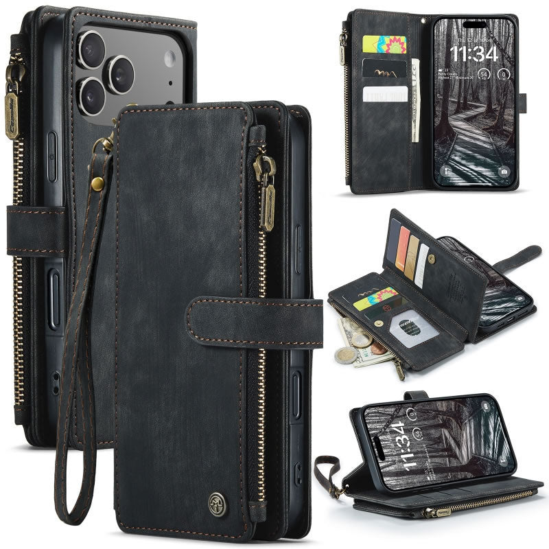 iPhone 17 Pro Cover - Black -  CaseMe Premium Vintage Leather Folio Zipper Wallet Case with Magnetic Closure and 7 Card Slots