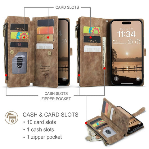 iPhone 17 Pro Cover - Brown -  CaseMe Premium Vintage Leather Folio Zipper Wallet Case with Magnetic Closure and 7 Card Slots