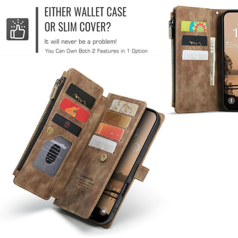iPhone 17 Pro Cover - Brown -  CaseMe Premium Vintage Leather Folio Zipper Wallet Case with Magnetic Closure and 7 Card Slots