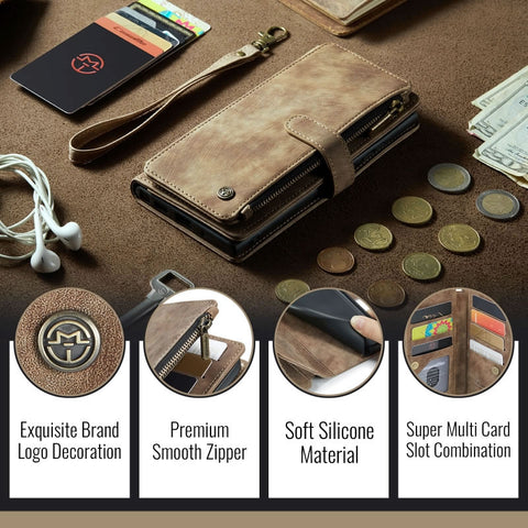iPhone 17 Pro Max Cover - Brown -  CaseMe Premium Vintage Leather Folio Zipper Wallet Case with Magnetic Closure and 7 Card Slots