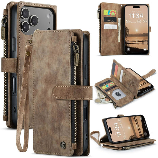 iPhone 17 Pro Max Cover - Brown -  CaseMe Premium Vintage Leather Folio Zipper Wallet Case with Magnetic Closure and 7 Card Slots