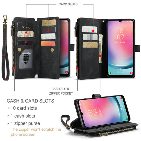 Samsung Galaxy A24 5G Cover - Black -  CaseMe Premium Vintage Leather Folio Zipper Wallet Case with Magnetic Closure and 7 Card Slots