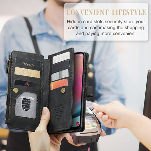 Samsung Galaxy A55 Cover - Brown -  CaseMe Premium Vintage Leather Folio Zipper Wallet Case with Magnetic Closure and 7 Card Slots