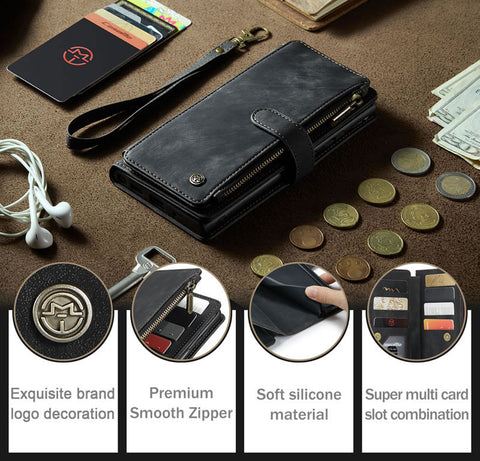 Samsung Galaxy A24 5G Cover - Black -  CaseMe Premium Vintage Leather Folio Zipper Wallet Case with Magnetic Closure and 7 Card Slots