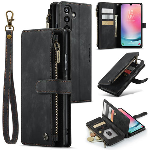Samsung Galaxy A25 5G Cover - Black -  CaseMe Premium Vintage Leather Folio Zipper Wallet Case with Magnetic Closure and 7 Card Slots