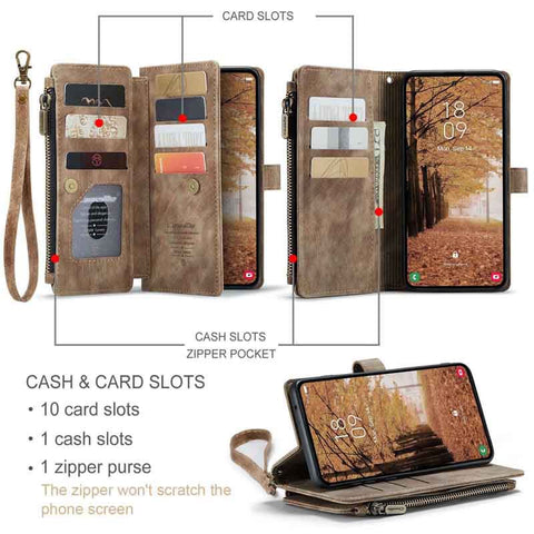 Samsung Galaxy A35 Cover - Brown -  CaseMe Premium Vintage Leather Folio Zipper Wallet Case with Magnetic Closure and 7 Card Slots