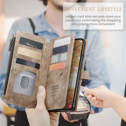 Samsung Galaxy A35 Cover - Brown -  CaseMe Premium Vintage Leather Folio Zipper Wallet Case with Magnetic Closure and 7 Card Slots