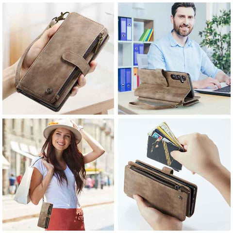 Samsung Galaxy A35 Cover - Brown -  CaseMe Premium Vintage Leather Folio Zipper Wallet Case with Magnetic Closure and 7 Card Slots