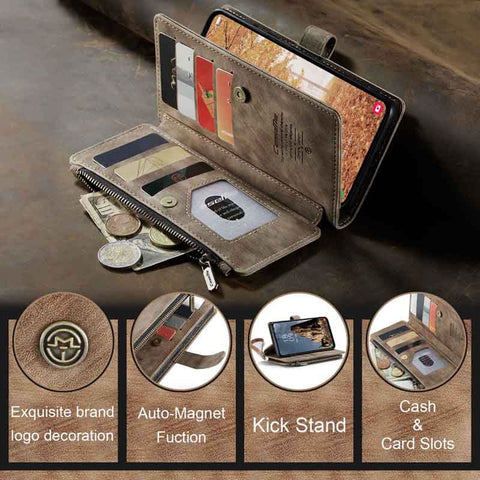Samsung Galaxy A35 Cover - Brown -  CaseMe Premium Vintage Leather Folio Zipper Wallet Case with Magnetic Closure and 7 Card Slots
