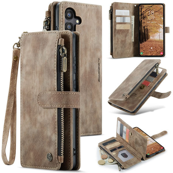 Samsung Galaxy A35 Cover - Brown -  CaseMe Premium Vintage Leather Folio Zipper Wallet Case with Magnetic Closure and 7 Card Slots