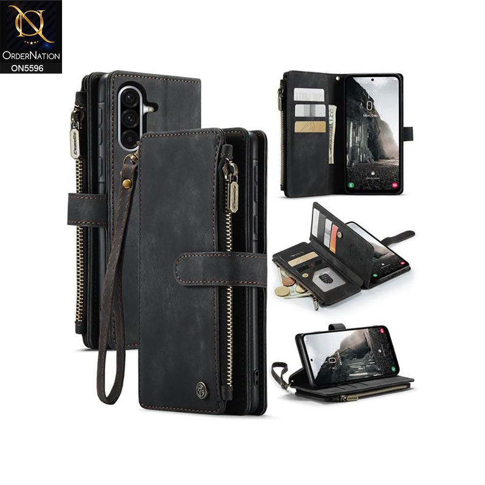 Samsung Galaxy A36 Cover - Black -  CaseMe Premium Vintage Leather Folio Zipper Wallet Case with Magnetic Closure and 7 Card Slots