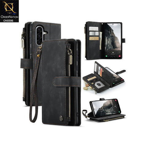 Samsung Galaxy A36 Cover - Black -  CaseMe Premium Vintage Leather Folio Zipper Wallet Case with Magnetic Closure and 7 Card Slots
