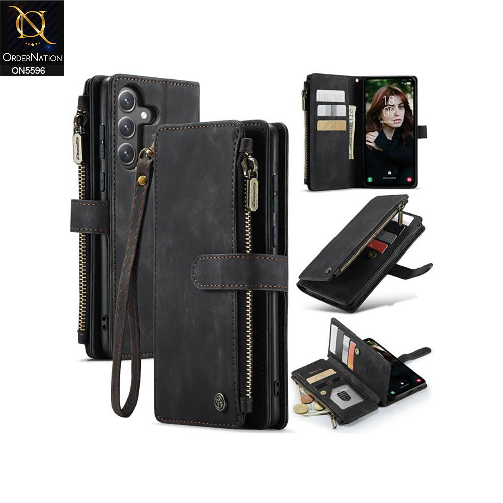 Samsung Galaxy S24 FE Cover - Black -  CaseMe Premium Vintage Leather Folio Zipper Wallet Case with Magnetic Closure and 7 Card Slots