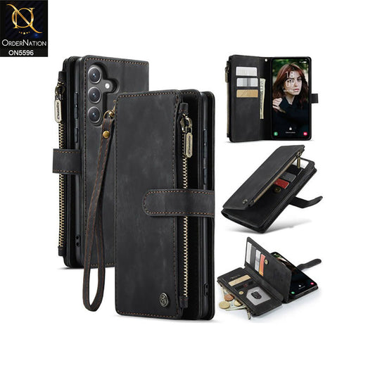 Samsung Galaxy S24 FE Cover - Black -  CaseMe Premium Vintage Leather Folio Zipper Wallet Case with Magnetic Closure and 7 Card Slots