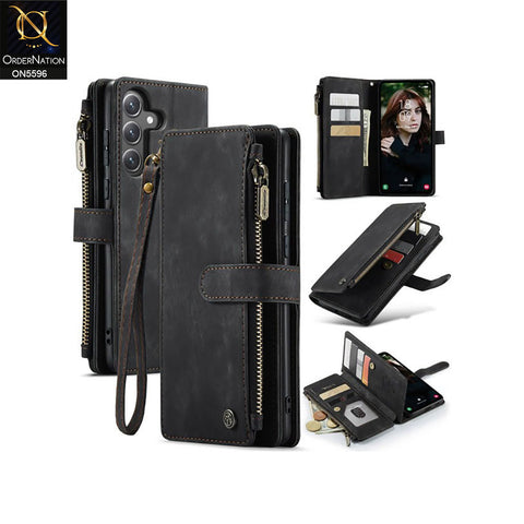Samsung Galaxy S24 FE Cover - Black -  CaseMe Premium Vintage Leather Folio Zipper Wallet Case with Magnetic Closure and 7 Card Slots