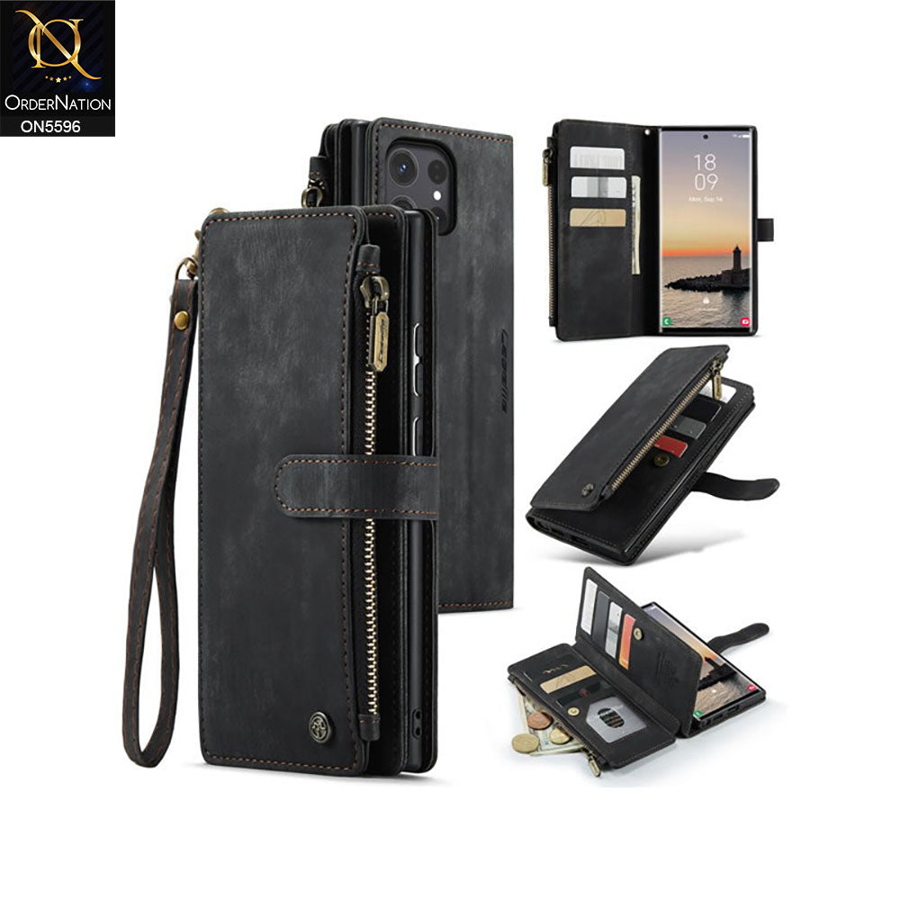 Samsung Galaxy S24 Ultra Cover - Black -  CaseMe Premium Vintage Leather Folio Zipper Wallet Case with Magnetic Closure and 7 Card Slots