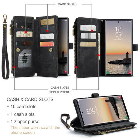 Samsung Galaxy S25 Ultra  Cover - Black -  CaseMe Premium Vintage Leather Folio Zipper Wallet Case with Magnetic Closure and 7 Card Slots
