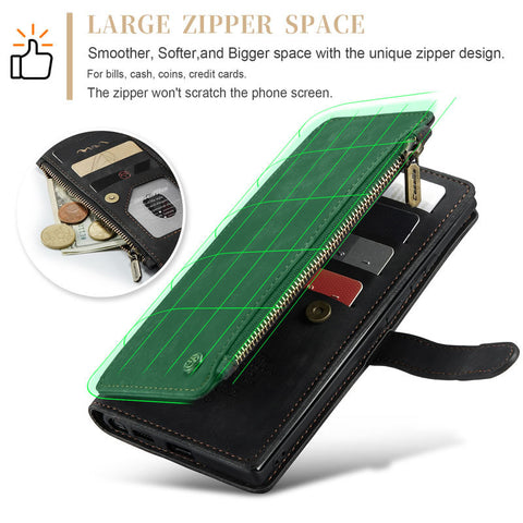 Samsung Galaxy S25 Ultra  Cover - Black -  CaseMe Premium Vintage Leather Folio Zipper Wallet Case with Magnetic Closure and 7 Card Slots