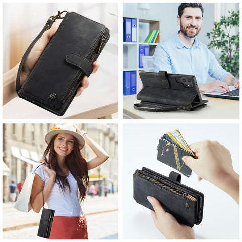 Samsung Galaxy S25 Ultra  Cover - Black -  CaseMe Premium Vintage Leather Folio Zipper Wallet Case with Magnetic Closure and 7 Card Slots