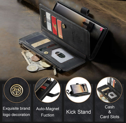Samsung Galaxy S25 Ultra  Cover - Black -  CaseMe Premium Vintage Leather Folio Zipper Wallet Case with Magnetic Closure and 7 Card Slots