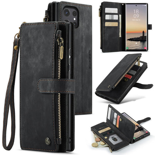 Samsung Galaxy S26 Ultra Cover - Black -  CaseMe Premium Vintage Leather Folio Zipper Wallet Case with Magnetic Closure and 7 Card Slots