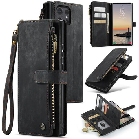 Samsung Galaxy S25 Ultra  Cover - Black -  CaseMe Premium Vintage Leather Folio Zipper Wallet Case with Magnetic Closure and 7 Card Slots