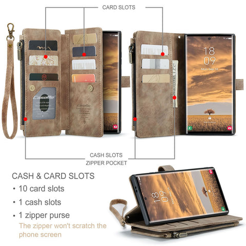 Samsung Galaxy S25 Ultra  Cover - Brown -  CaseMe Premium Vintage Leather Folio Zipper Wallet Case with Magnetic Closure and 7 Card Slots
