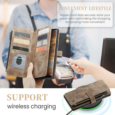 Samsung Galaxy S25 Ultra  Cover - Brown -  CaseMe Premium Vintage Leather Folio Zipper Wallet Case with Magnetic Closure and 7 Card Slots