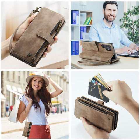 Samsung Galaxy S25 Ultra  Cover - Brown -  CaseMe Premium Vintage Leather Folio Zipper Wallet Case with Magnetic Closure and 7 Card Slots