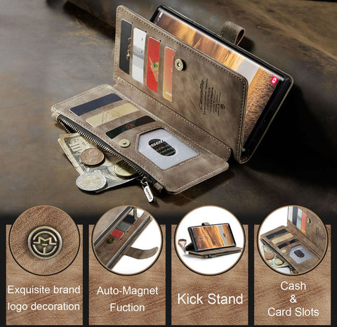 Samsung Galaxy S26 Ultra Cover - Brown -  CaseMe Premium Vintage Leather Folio Zipper Wallet Case with Magnetic Closure and 7 Card Slots