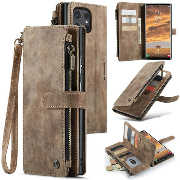 Samsung Galaxy S24 Ultra Cover - Brown -  CaseMe Premium Vintage Leather Folio Zipper Wallet Case with Magnetic Closure and 7 Card Slots