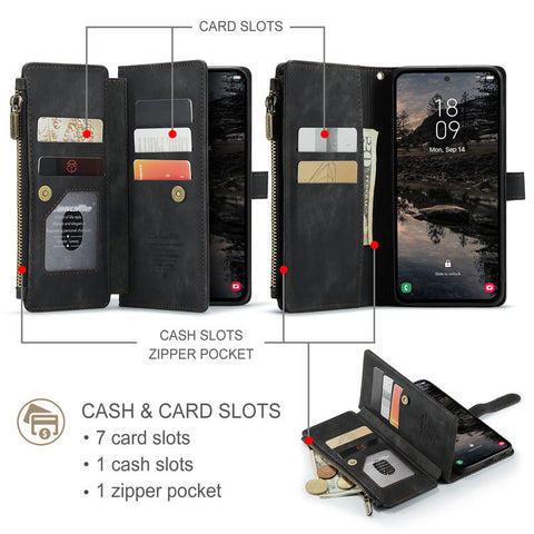 Samsung Galaxy S25 FE Cover - Black -  CaseMe Premium Vintage Leather Folio Zipper Wallet Case with Magnetic Closure and 7 Card Slots