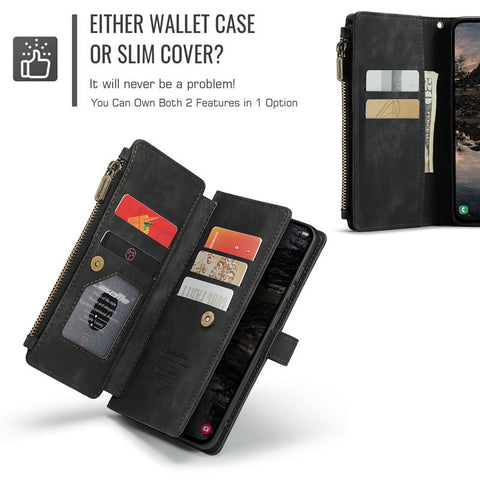 Samsung Galaxy S26 Cover - Black -  CaseMe Premium Vintage Leather Folio Zipper Wallet Case with Magnetic Closure and 7 Card Slots