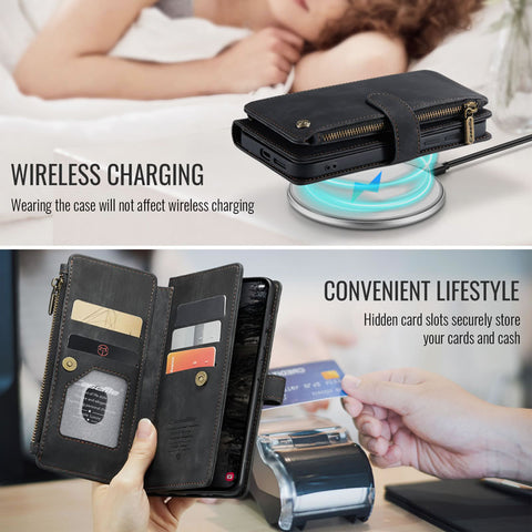 Samsung Galaxy S26 Plus Cover - Black -  CaseMe Premium Vintage Leather Folio Zipper Wallet Case with Magnetic Closure and 7 Card Slots