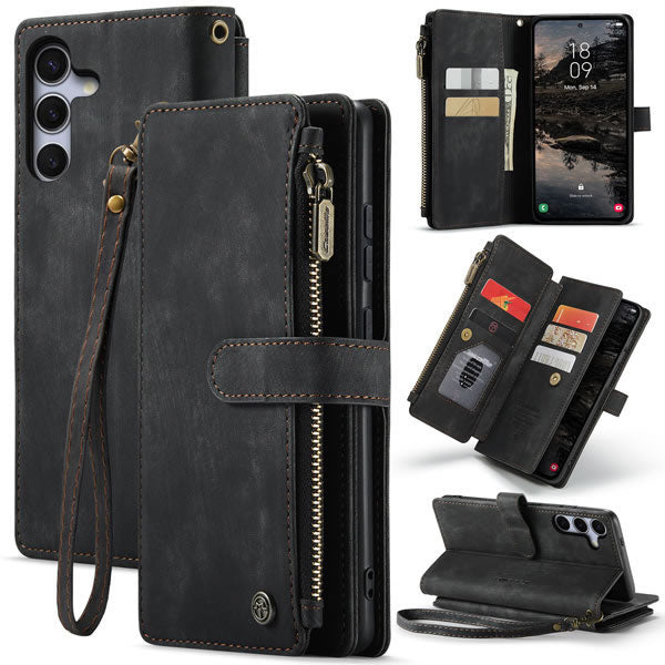 Samsung Galaxy S25 FE Cover - Black -  CaseMe Premium Vintage Leather Folio Zipper Wallet Case with Magnetic Closure and 7 Card Slots