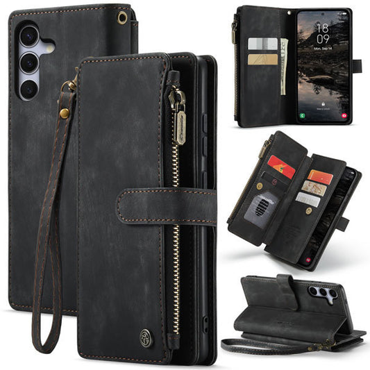 Samsung Galaxy S26 Plus Cover - Black -  CaseMe Premium Vintage Leather Folio Zipper Wallet Case with Magnetic Closure and 7 Card Slots