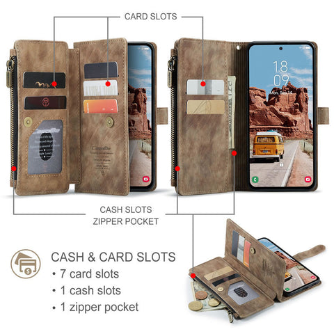 Samsung Galaxy S26 Plus Cover - Brown -  CaseMe Premium Vintage Leather Folio Zipper Wallet Case with Magnetic Closure and 7 Card Slots