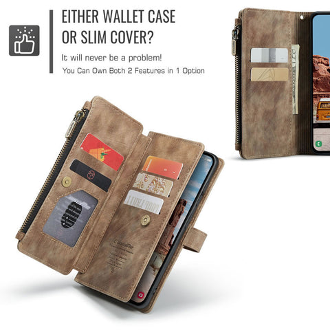 Samsung Galaxy S25 FE Cover - Brown -  CaseMe Premium Vintage Leather Folio Zipper Wallet Case with Magnetic Closure and 7 Card Slots