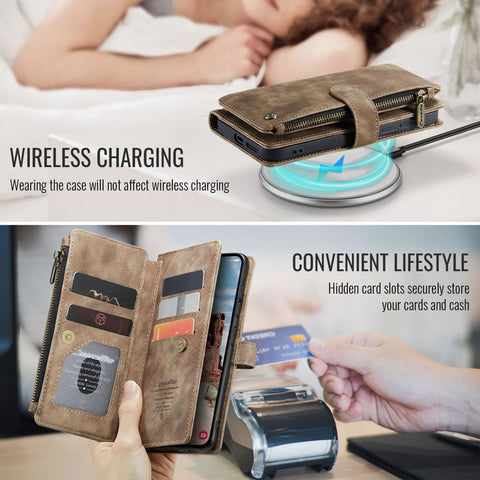 Samsung Galaxy S26 Plus Cover - Brown -  CaseMe Premium Vintage Leather Folio Zipper Wallet Case with Magnetic Closure and 7 Card Slots